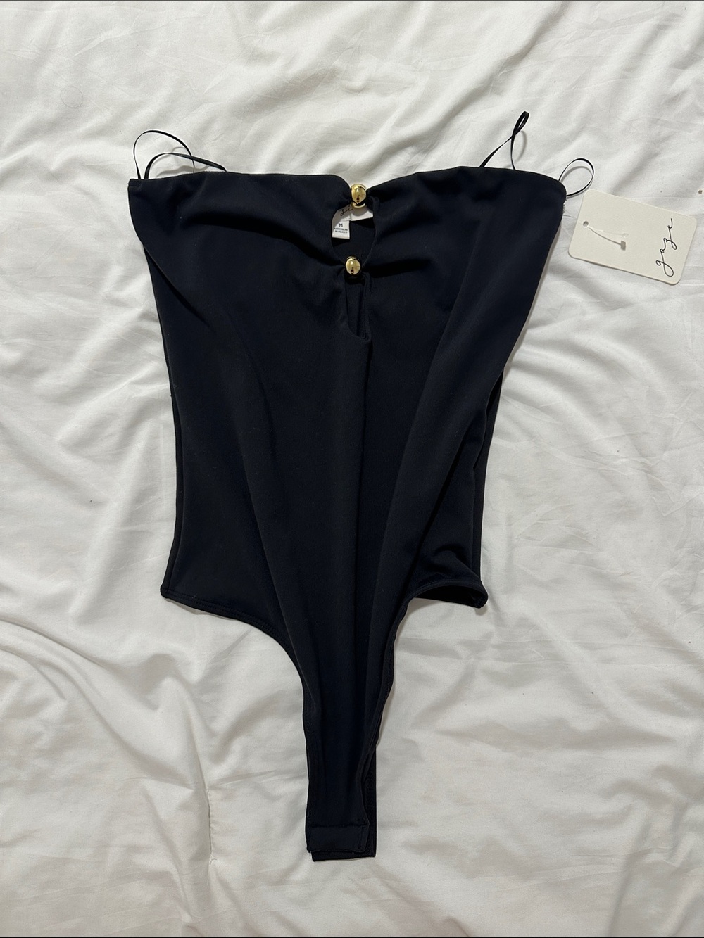 gaze Black Strapless One-Piece Bodysuit with Gold Buttons